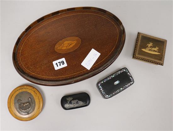 Four various snuff boxes, including Sorrento marquetry and lacquer, together with a small inlaid mahogany tray (5)